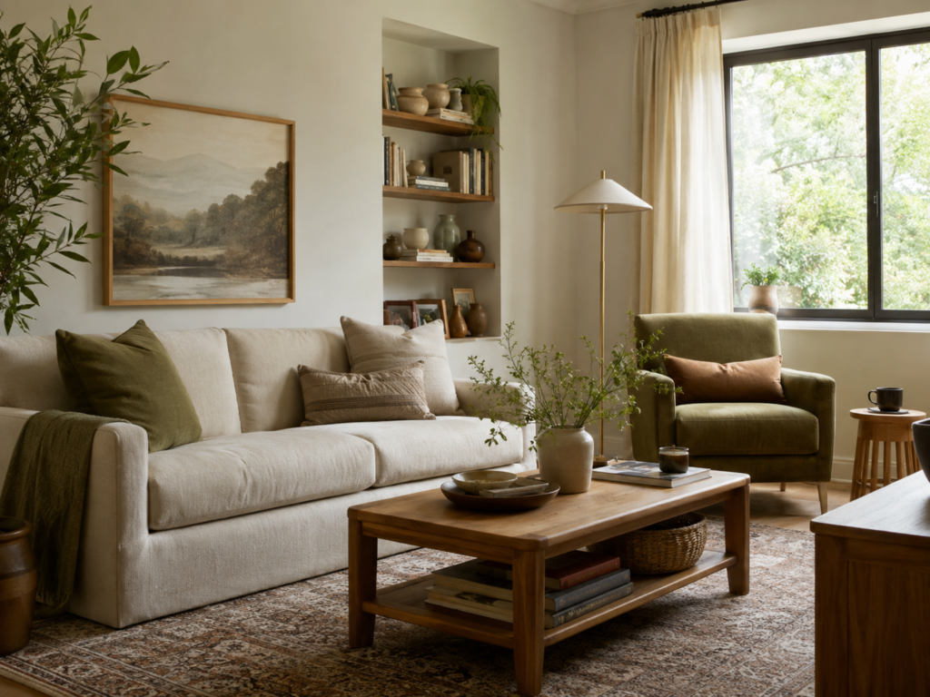 Warm living room with sofa, coffee table, greenery, shelving and a large window