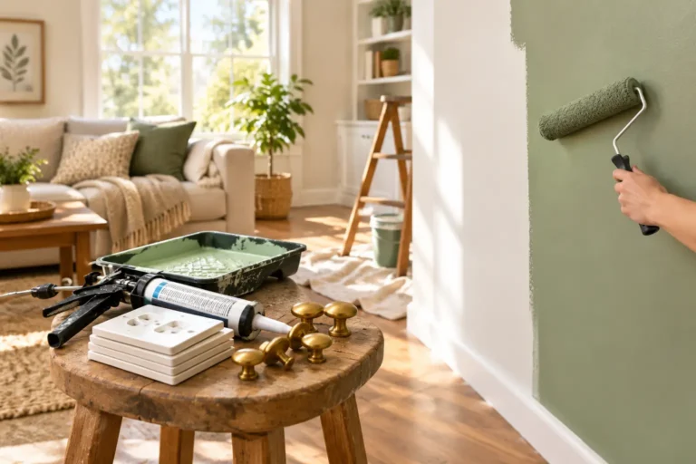 DIY home improvement with sage green wall paint and new cabinet hardware