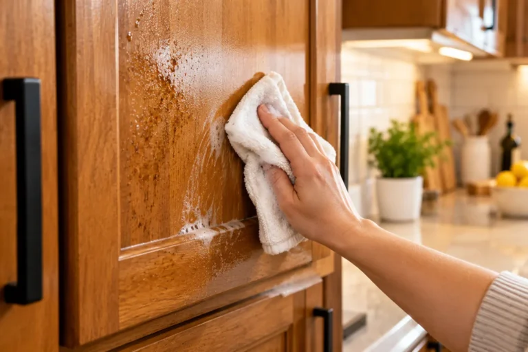 Wiping grease off a wooden kitchen cabinet with a damp cloth