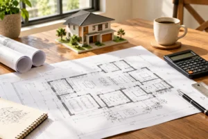 Architect blueprint and model house showing custom home design and build planning