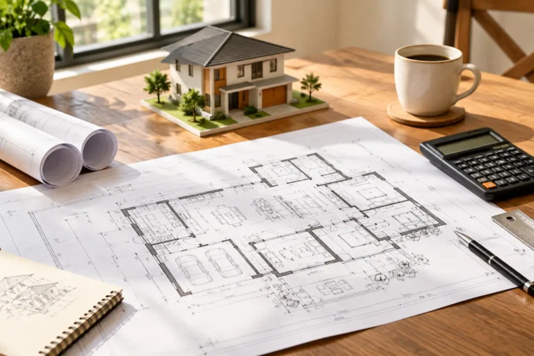 Architect blueprint and model house showing custom home design and build planning