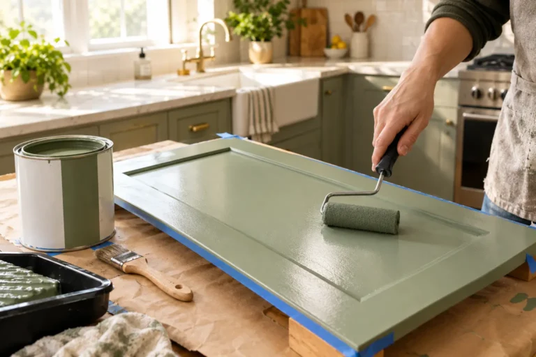 Hand painting a kitchen cabinet door sage green with a foam roller