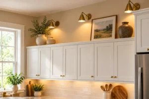 Warm modern kitchen with white cabinets, brass lighting, decorative vases, greenery, and artwork above the cabinets.