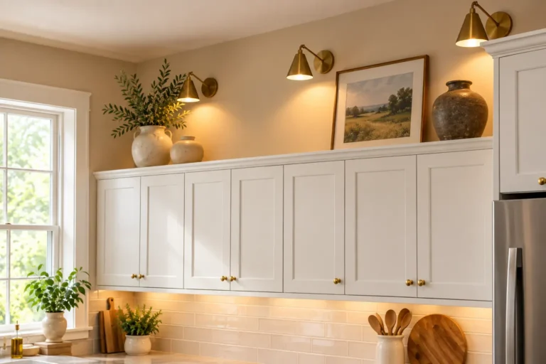 Warm modern kitchen with white cabinets, brass lighting, decorative vases, greenery, and artwork above the cabinets.