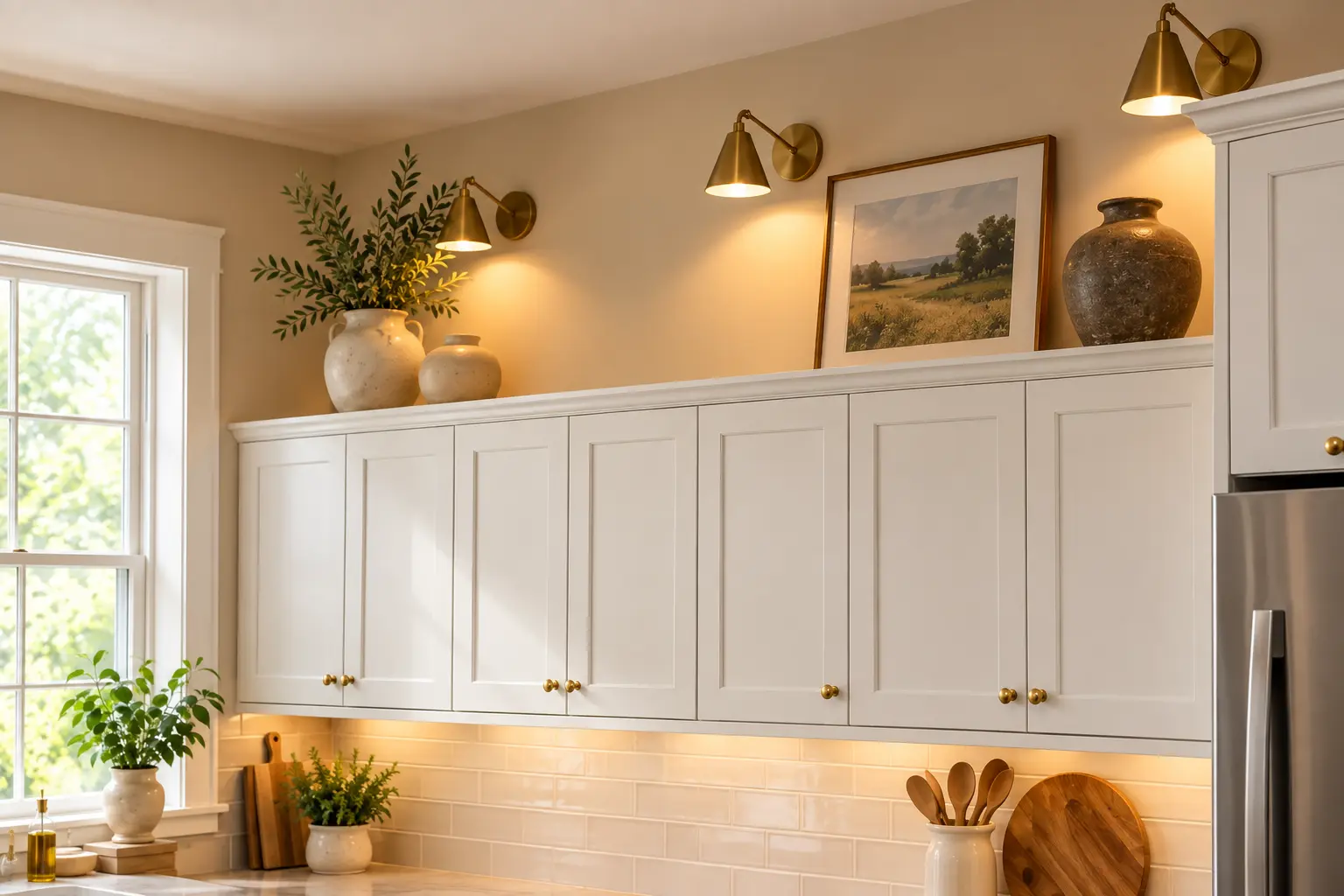 Warm modern kitchen with white cabinets, brass lighting, decorative vases, greenery, and artwork above the cabinets.