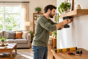 Homeowner using a drill to install a floating shelf as a DIY project