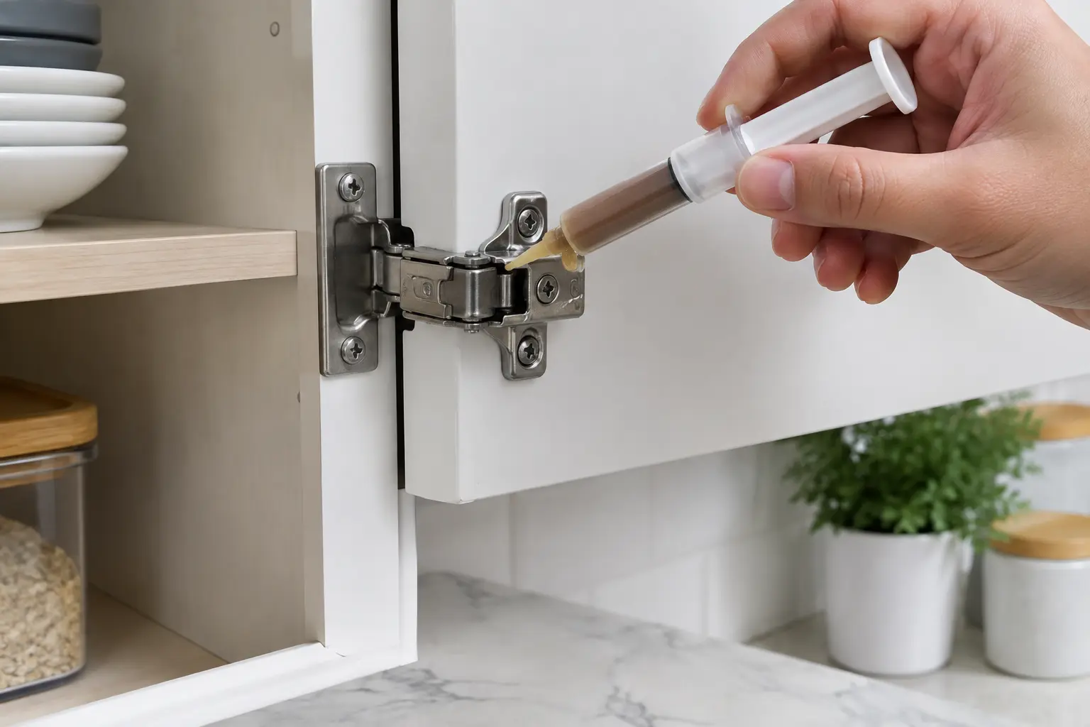 Applying gel bait dots into a kitchen cabinet crack to get rid of cockroaches