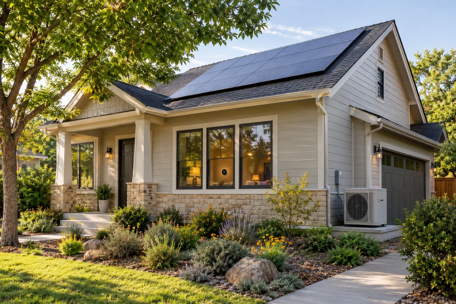 Modern home with solar panels and sustainable landscaping
