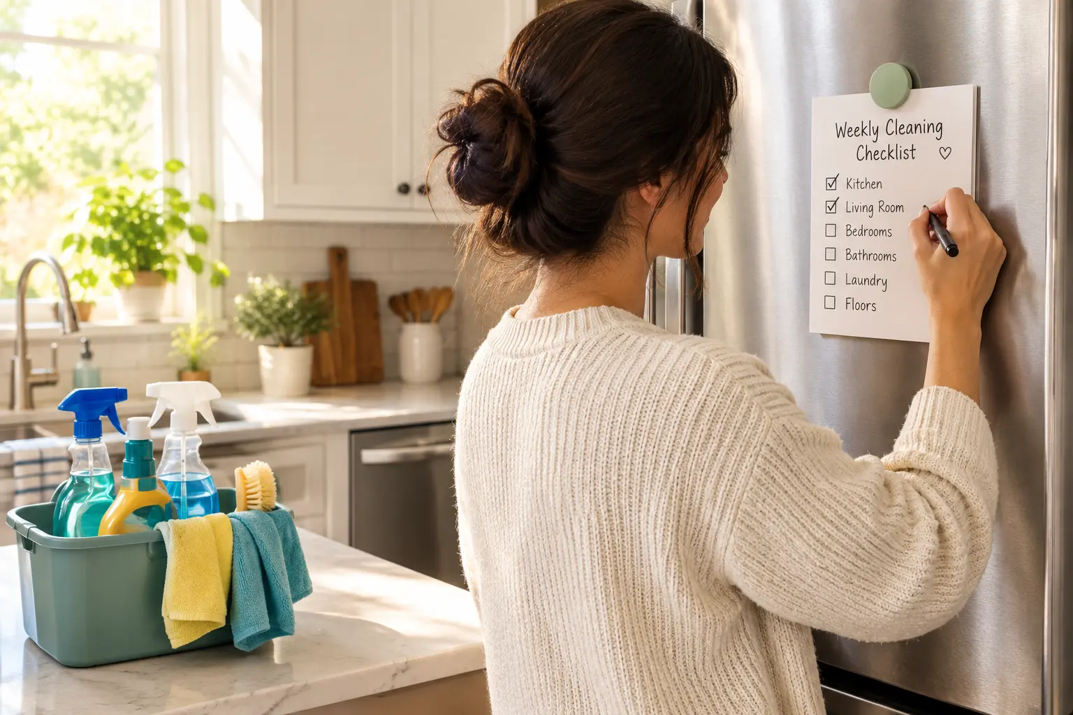 Weekly home cleaning routine checklist stuck on the fridge with a cleaning caddy nearby