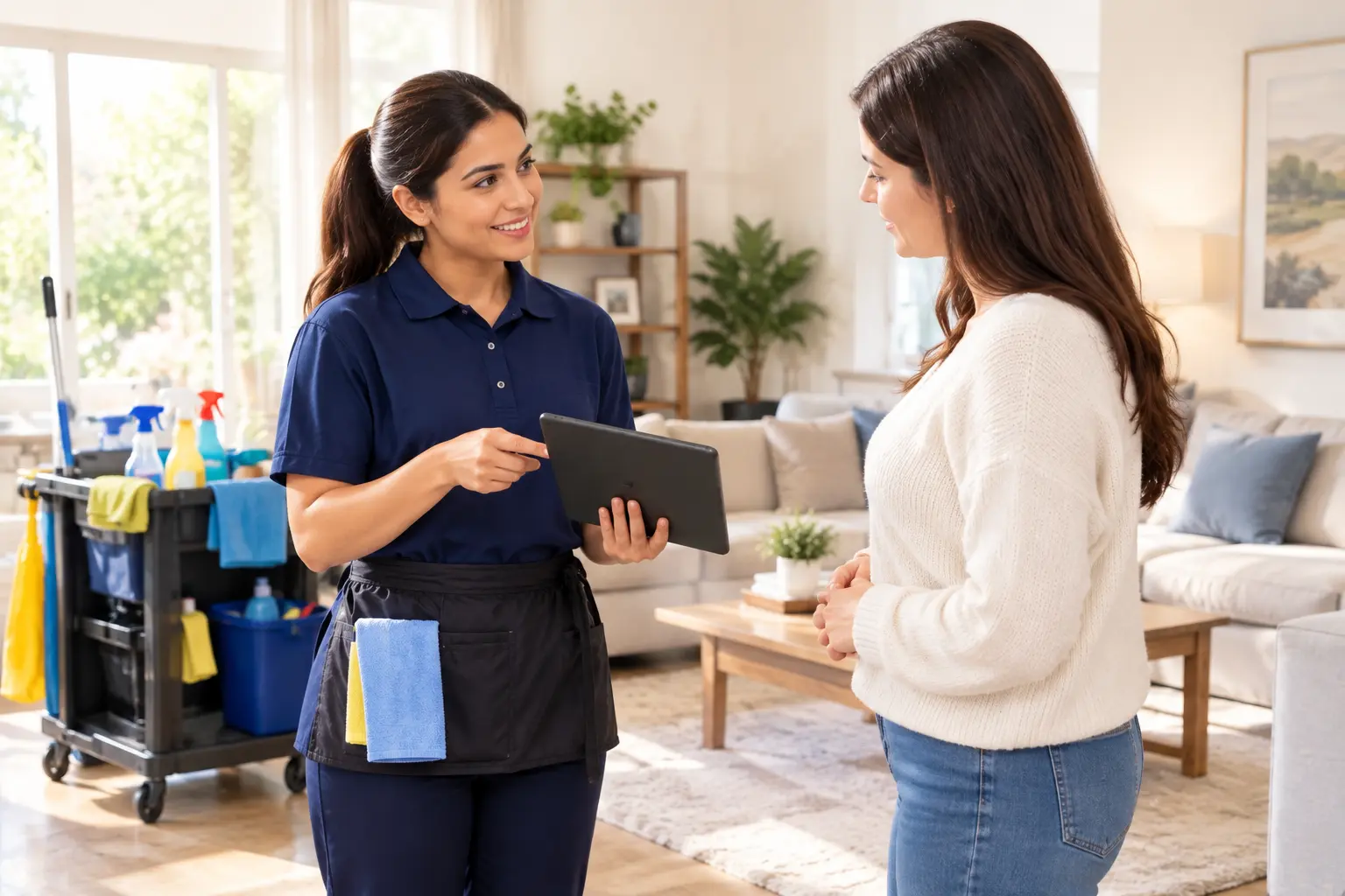 Homeowner reviewing a price estimate from a professional house cleaner