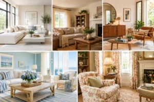 Collage of five home design styles in one living room