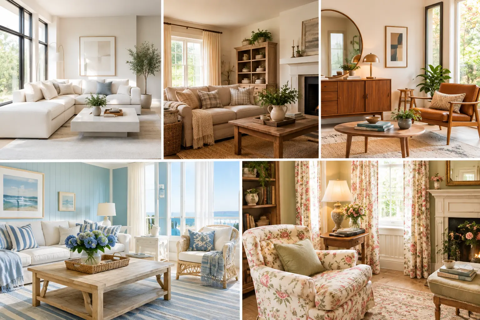 Collage of five home design styles in one living room
