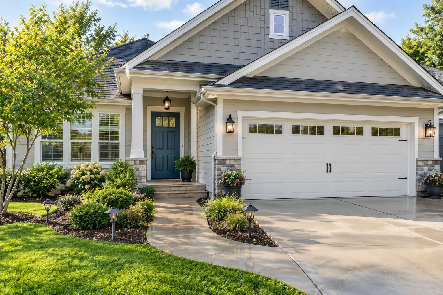 Well-maintained house exterior with garage door and painted entry
