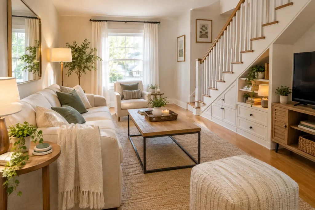 Small living room with under-stair storage and layered lighting