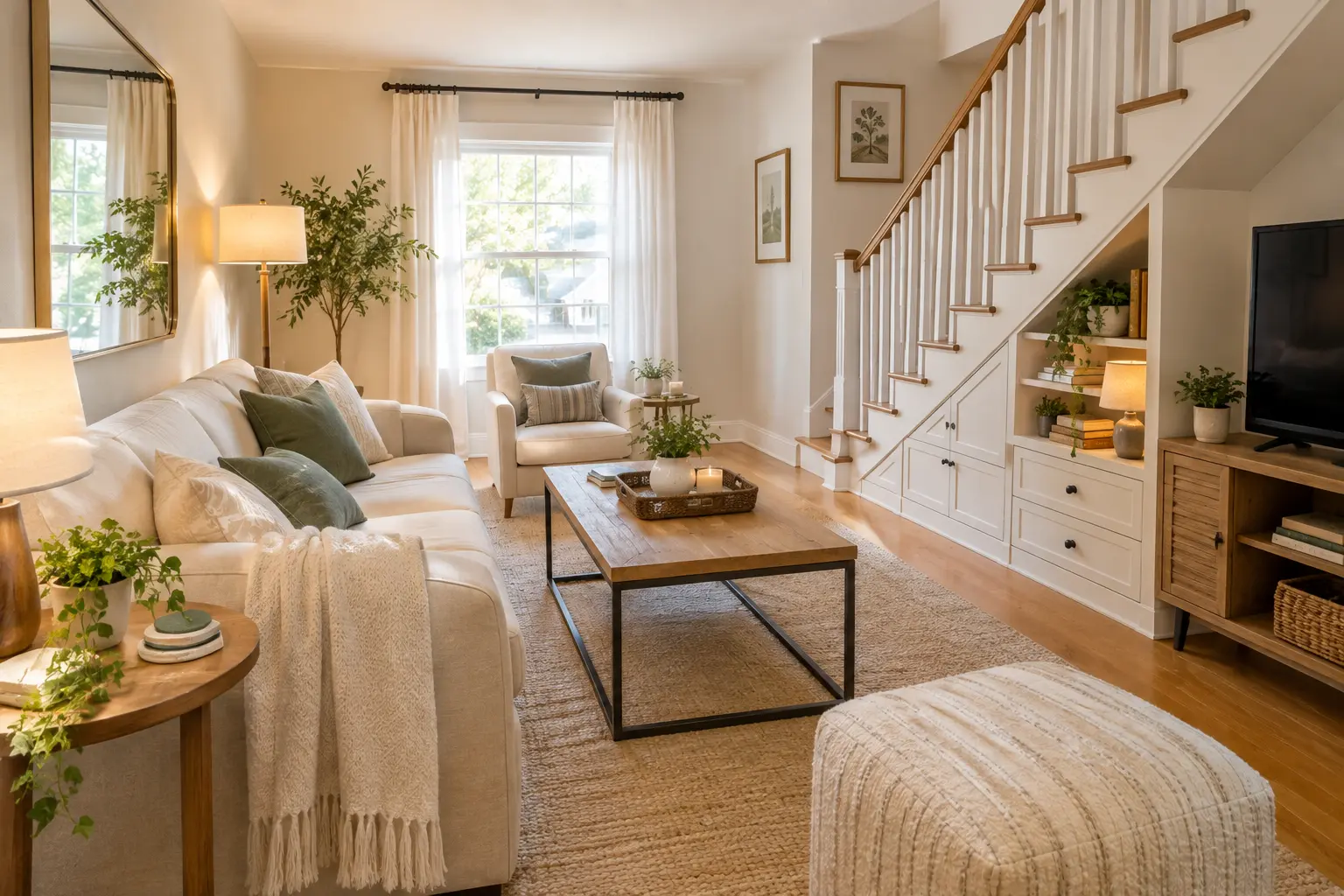 Small living room with under-stair storage and layered lighting