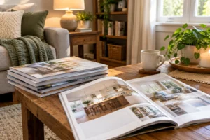Stack of home improvement magazines on a coffee table
