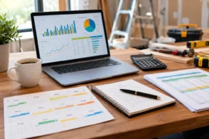 Contractor reviewing marketing budget and seasonal calendar