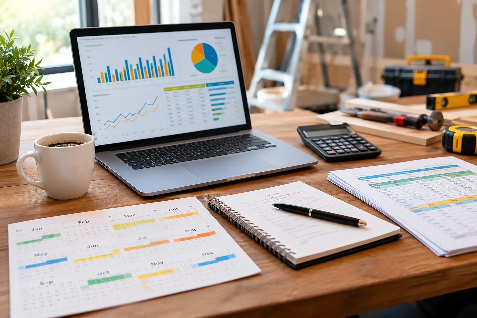 Contractor reviewing marketing budget and seasonal calendar