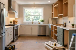 Kitchen remodel in progress with new cabinets and countertops