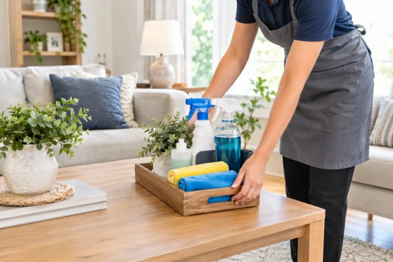 Professional home cleaner with supplies in a tidy living room