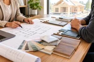Homeowner reviewing custom home blueprints and finish selections
