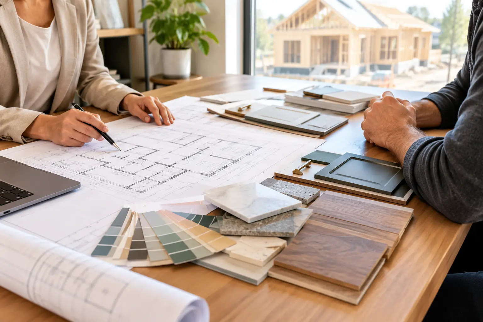Homeowner reviewing custom home blueprints and finish selections