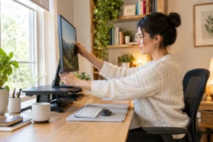 Person adjusting monitor height at a home office desk
