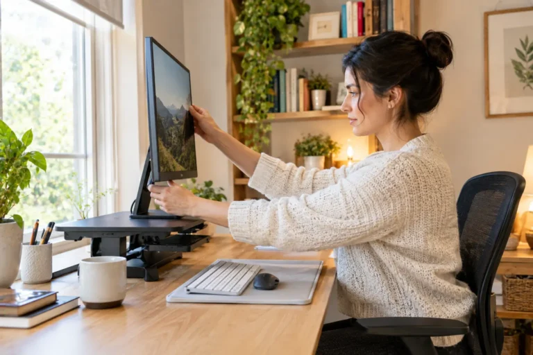 Person adjusting monitor height at a home office desk