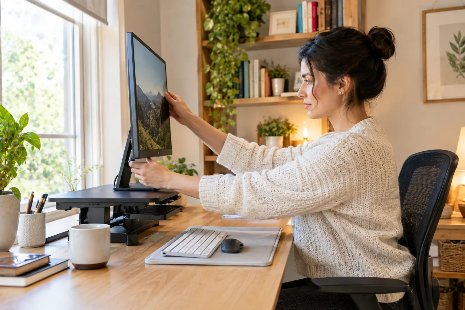 Person adjusting monitor height at a home office desk