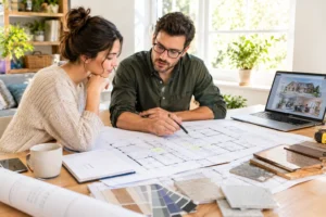 Architect and homeowner reviewing home renovation floor plans