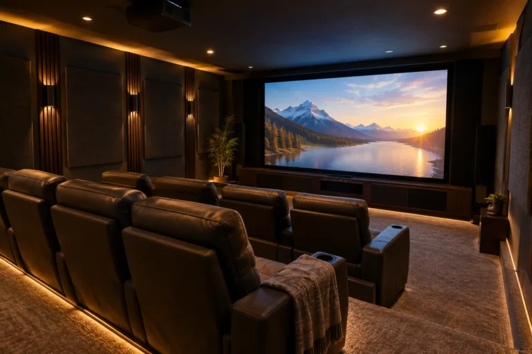 Home theater room with screen and acoustic treatment