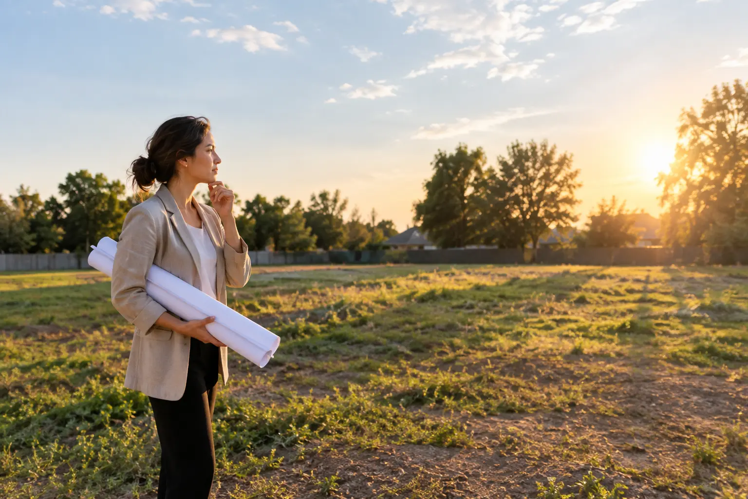 Architect studying an empty lot before designing a home