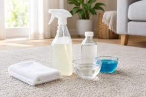 Homemade carpet cleaning solution spray bottle on carpet