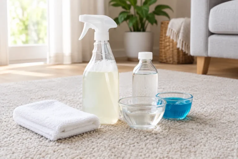 Homemade carpet cleaning solution spray bottle on carpet