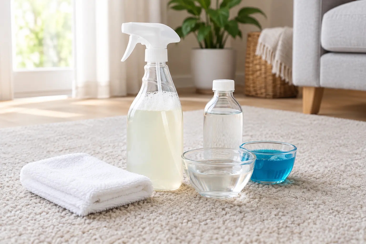 Homemade carpet cleaning solution spray bottle on carpet