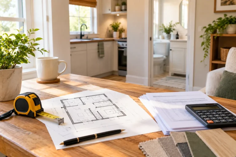 Renovation planning tools on a table in a small home